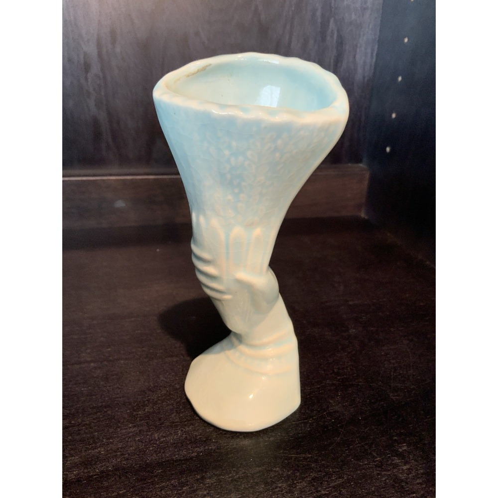 Nelson McCoy Aqua Hand Vase Holding Cornucopia Trinket Vintage 6" Tall